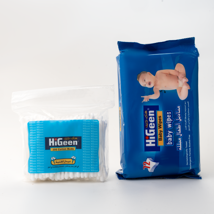 HiGeen Baby Wipes72S 2 Pcs + HiGeen Cotton Buds 200 pp Zip Bags